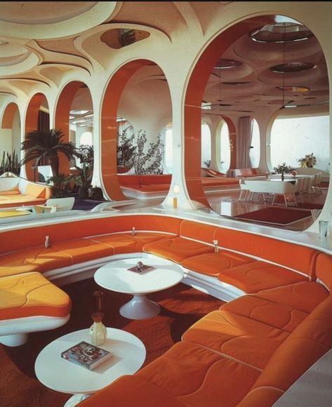 70s Interior Design Retro, Retro Futurism Interior, Futurism Architecture, Space Age Interior, Futuristic Decor, 60s Interior, 70s Interior Design, 80s House, Googie Architecture