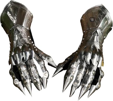 Made from 18-gauge steel, these polished gauntlets come as a pair. These gauntlets exemplify the jewelry-like quality of early plate armors, which embody the technical and artistic repertoire of their craftsmen and the exuberant taste and wealth of the patrons who commissioned and wore them. Fantasy Gauntlets, Crusader Armor, Knight Gauntlet, Gauntlet Gloves, Medieval Knight, Fantasy Armor, Gaming Gifts, Larp, Handmade Silver