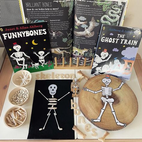 Skeleton Kindergarten Activities, Bones And Body Preschool Theme, Prek Bones Activities, My Body Topic Eyfs, Bones Activity For Preschool, Funny Bones Tuff Tray, Skeleton Eyfs Activities, Halloween Provocations Preschool, Bones Activity For Kids