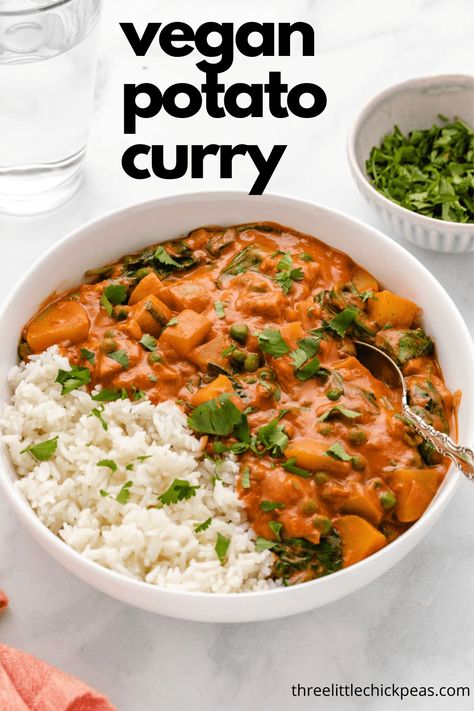 This vegan potato curry is filled with potatoes, peas, greens, and a combination of delightful spices. It’s easy to make and warms the belly! Potato Curry Recipe, Curry With Coconut Milk, Carrot Curry, Caesar Pasta Salad, Vegan Curry Recipes, Vegetarian Curry, Coconut Milk Curry, Vegan Potato, Vegan Curry