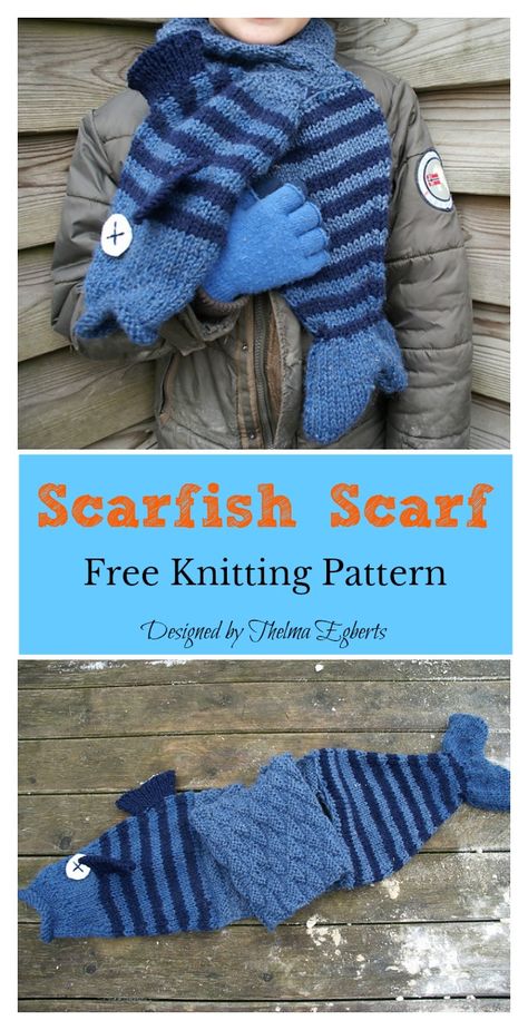 Scarfish Scarf Free Knitting Pattern #freeknittingpattern #scarf Knit Shark Hat Pattern, Cute Knitted Scarf, Animal Scarf Knitting Pattern, One Skein Knit Scarf, Shark Knitting Pattern Free, Cute Knit Scarf, Free Knitting Patterns Hats, Funky Knitting Patterns, Knitted Fish Pattern Free