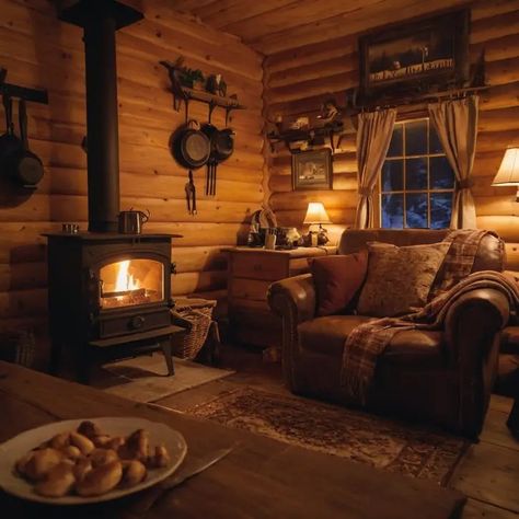 Old Money Cabin Aesthetic, Cosy Fireplace Living Room, Old Cabin Interior, Cabin Living Room, Cabin Aesthetic, Log Cabin Interior, Log Cabin Rustic, Shed To Tiny House, Cabin Interiors