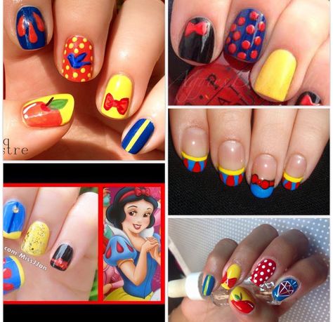 Snow White Theme Nails, Disney Nails Snow White, Snow White Inspired Nails, Snow White Nail Art, Snow White Nails Designs, Snow White Nails, Snow White Makeup, White Short Nails, Disney Princess Nails