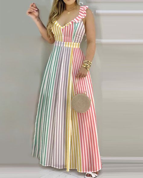 Maxi Pattern, Chic Maxi Dresses, Tie Maxi Dress, Maxi Dress Online, Full Length Dress, Western Dresses, Colorful Fashion, Stripe Print, Simple Dresses