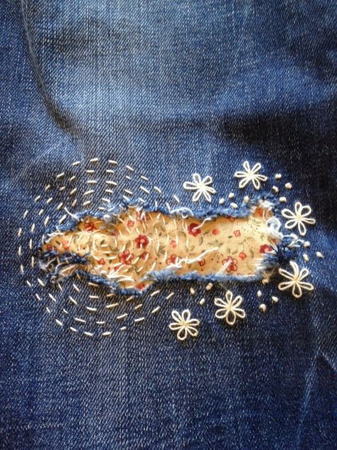 Visible Mending - Jeans - Simple Living Toowoomba Visible Mending Jeans Embroidery, Visible Mending Sweatshirt, Mending Aesthetic, Patchwork Mending, Patch Mending, Visual Mending, Sashiko Ideas, Visible Mending Jeans, Mending Ideas