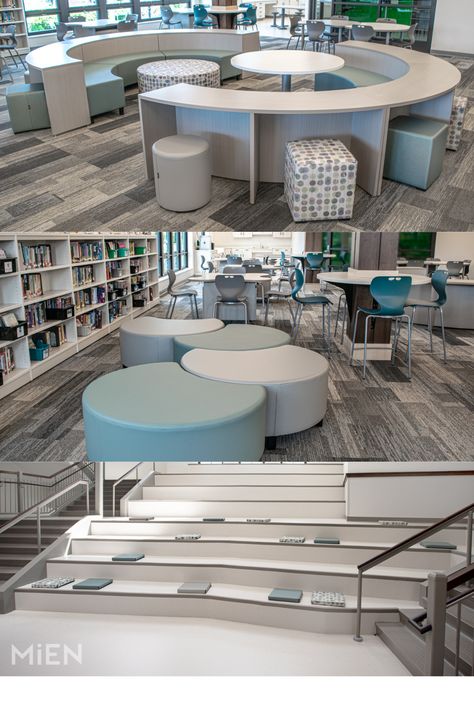 Common Space Design, Teachers Room Design, School Common Room, School Multipurpose Room Design, Elementary School Interior Design, Modern School Design Interiors, Modern School Library, Multipurpose Room Design, Modern High School Interior