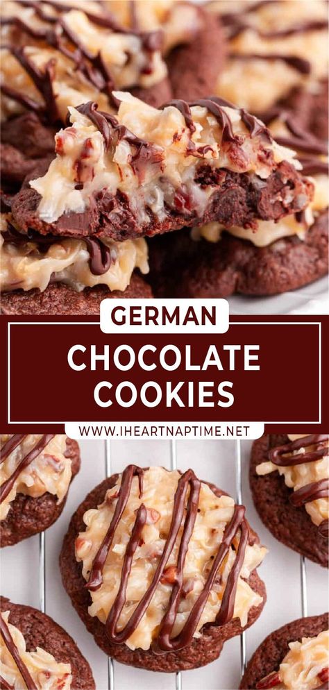 German Chocolate Cookies Recipe, German Chocolate Thumbprint Cookies, German Chocolate Cake Cookies Recipe, German Chocolate Cake Cookies, German Chocolate Frosting, German Chocolate Cookies, Chocolate Coconut Cookies, Coconut Cookies Recipes, Coconut Pecan Frosting