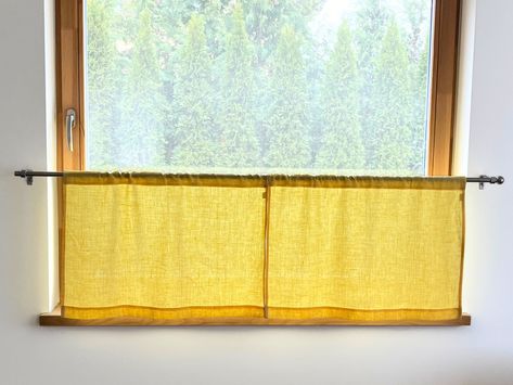 "Add some warmth and brightness to your room with these solid yellow linen cafe curtains. Yellow colour helps you to create welcoming and optimistic vibe in your home. These small cafe curtains will work great for kitchen, bathroom, RV Camper, basement or any other room where you prefer a cheerful vibrant look. Linen cafe curtains are available in various colours and custom sizes for your small, narrow, short or long windows. These linen curtains are made from medium weight eco-friendly Lithuani Alternative Window Coverings, Cafe Curtains Living Room, Wall To Wall Curtains, Small Kitchen Window Curtains, Curtain Closet, Kitchen Nook Decor, Linen Cafe Curtains, Small Window Treatments, Pollo Tropical