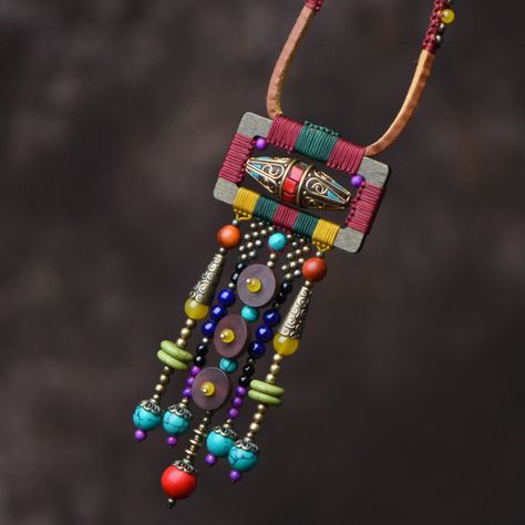 Rattan Folk Style Creative Wood Ethnic Necklace Tassel Pendant Vintage Sweater Nature Stones Necklace - AliExpress Fabric Upcycle, Czech Beads Jewelry, Playful Jewelry, Bead Ornaments, Creative Necklace, Textile Necklace, Pendant Necklace Vintage, Necklace Ideas, Fiber Jewelry