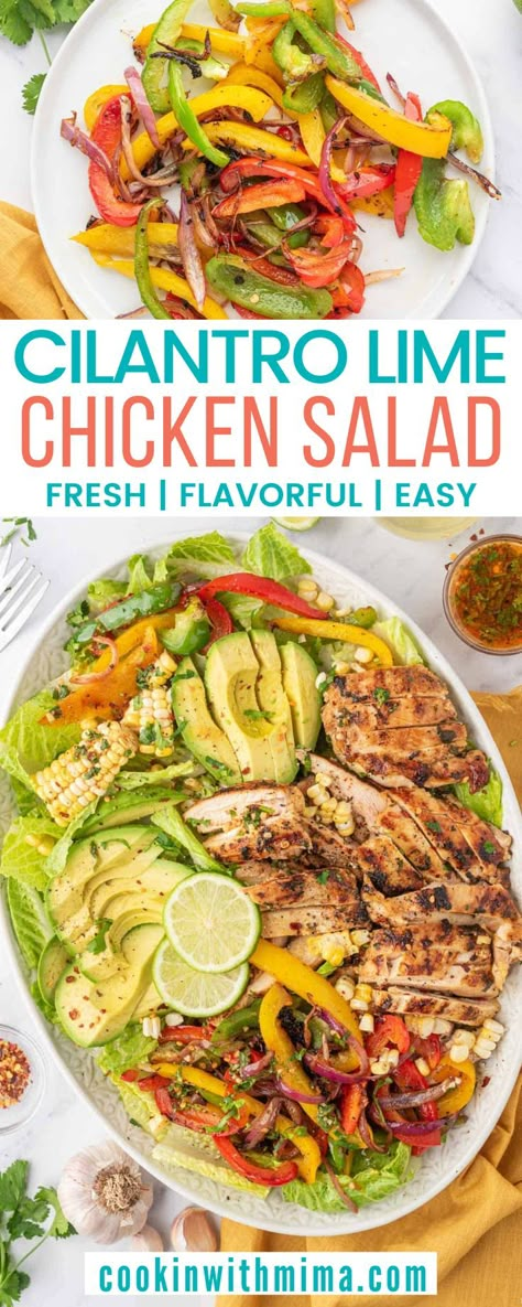 This Cilantro Lime Chicken Salad is fresh and delicious! There’s juicy grilled chicken with corn, sauteed peppers, onions, and avocado that give this salad a great variety of textures. It’s also made with a citrusy dressing that we also use as a marinade and it gives this salad a wonderful burst of flavor! Grilled Chicken Salad Dressing, Salads With Cilantro, Cilantro Chicken Salad, Cilantro Lime Chicken Salad, Lime Salad Recipes, Cilantro Lime Salad, Lime Chicken Salad, Caesar Salad Chicken, Chicken With Corn