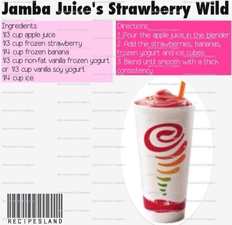 Jamba Juice Strawberries Wild, Strawberry Wild Jamba Juice Recipe, Strawberries Wild Jamba Juice Recipe, Jamba Juice Recipes, Banana Frozen Yogurt, Jamba Juice Smoothies, Orange Julius Recipe, Cleanse Juice, Vanilla Frozen Yogurt