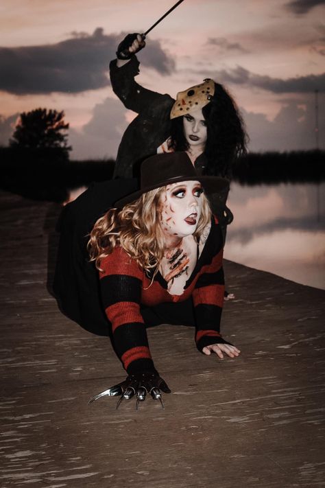 Horror Icon Costumes, Freddy Vs Jason Photoshoot, Horror Photoshoot Ideas For Couples, Best Friend Halloween Photoshoot, Witchy Shoot, Witch Pics, Bestie Shoot, Movie Photoshoot, Halloween Styled Shoot