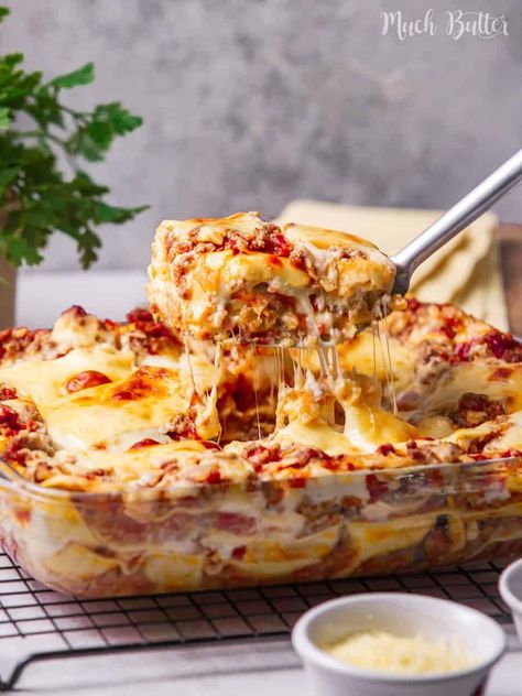 Classic Lasagna with Bechamel Sauce - Much Butter Ravioli With Bechamel Sauce, Lasagna Recipe Bechamel White Sauce, Best Lasagna Recipe With Bechamel, Lasagna With Bachemelle Sauce, Lasagna With Bechamel Sauce Giada, Best Lasagna Sauce, Beschemell Sauce For Lasagna, Classic Lasagna With Bechamel, Lasagne With Bechamel Sauce