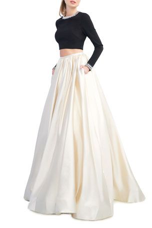 TYWJV Ieena for Mac Duggal Colorblock Two-Piece Ball Gown Set w/ Beaded Neck Crop Top  Pleated Skirt Nieman Marcus, Simple Saree Designs, Simple Sarees, Mac Duggal Dresses, Crop Top Skirt, Mac Duggal, Dress The Population, Neck Crop Top, Skirts With Pockets