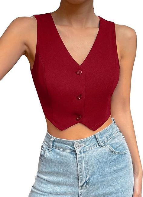 Milumia Women's Button Up Suit Vest Waistcoat Sleeveless V Neck Cropped Blazer Vest Tops Red Medium at Amazon Women's Coats Shop Womens Waistcoat, Vest Tops, Red Vest, Vest Waistcoat, Red Crop Top, Cropped Vest, Blazer Vest, Cropped Blazer, Vest Shirt