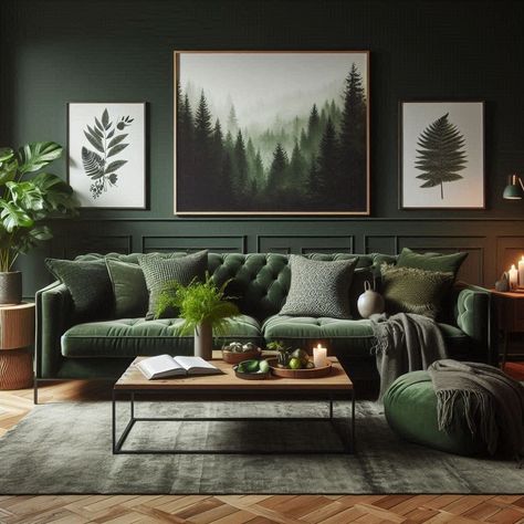 Forest Green Dark Green Living Room Olive Green Throw Pillows Green Couch Living Room, Dark Green Living Room, Green Living Room, Dark Green Walls, Living Room Color Schemes, Green Walls, Green Sofa, Eclectic Living Room, Living Room Green