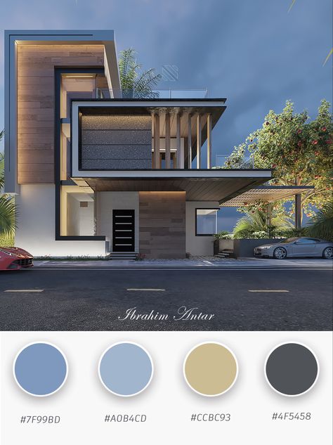 Exterior color scheme ideas for Modern villa color ideas : Abbey , Ship Cove , Yuma , Rock Blue #4F5458 , #7F99BD , #CCBC93 , #A0B4CD House Color Themes Exterior, Best Color Combinations For Exterior, 3 Color Combinations Exterior House, Villa Color Exterior, Color Pallets For Exterior Home, Color Theme For House Exterior, Exterior Building Color Palette, Home Colors Exterior Paint Ideas, Color Scheme For Exterior Of House