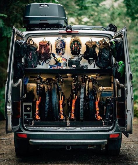 Bike Van Conversion, Mtb Van Life, Mtb Camper Van, Mtb Van Conversion, Van Conversion Bike, Van Setup, Bike Storage In Van, Auto Camping, Van Storage