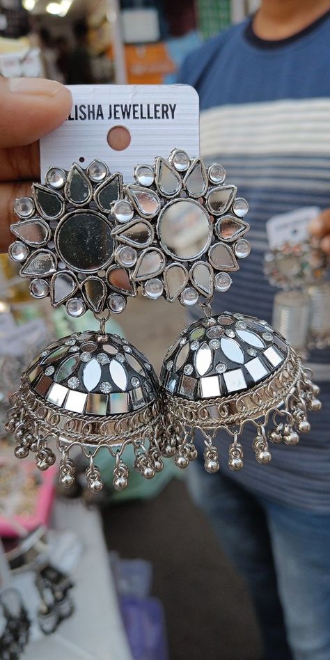 Oxidised Mirror Earrings, Silver Jhumka Aesthetic, Silver Oxidised Jhumka, Oxidised Earrings Jhumkas, Jhumkey Aesthetic, Jhumka Snap, Mirror Jhumkas, Jhumkas Aesthetic, Mirror Jhumka