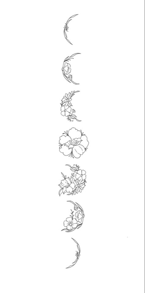 Flower moon phase Rose Moon Phases Tattoo, Moon Phases With Flowers, Cross Moon Tattoo, Floral Phases Of The Moon Tattoo, 7 Moons Tattoo, Moon Phases And Flower Tattoo, Moon Phase Behind Ear Tattoo, Moon Phases Forearm Tattoo, Moon Phase Flower Tattoo