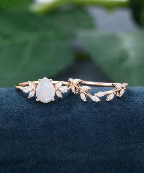 Pear Shaped Opal Engagement Ring Set Vintage Rose Gold Wedding - Etsy Vintage Wedding Rings Rose Gold, Opal Engagement Ring Set, Moonstone Engagement Ring Set, Marriage Ring, Opal Engagement Ring, Moissanite Bridal Sets, Vintage Rose Gold, Diamond Wedding Rings Sets, Moonstone Engagement