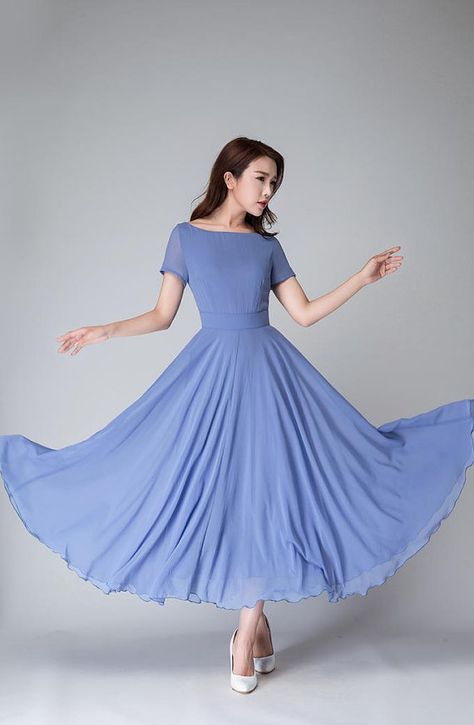 Maxi dress Blue dress chiffon dress bridesmaid dress Chiffon Dresses With Sleeves, Wedding Dress Short Sleeve, Garden Wedding Dress, Wedding Dress Short, Simple Wedding Dress Beach, Blue Chiffon Dresses, Summer Bridesmaid Dresses, Short Sleeve Wedding Dress, Bridesmaid Dresses With Sleeves