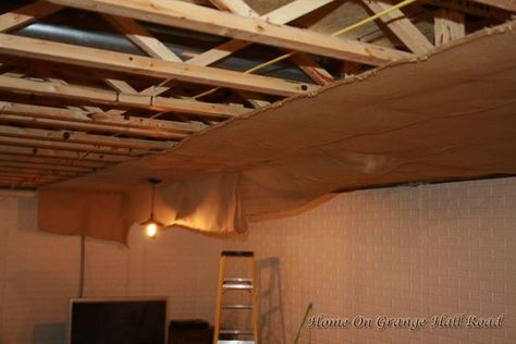 Burlap Ceiling How To Cover Insulation In Basement Ceiling, Burlap Basement Ceiling Ideas, Burlap Ceiling Basement, Diy Basement Ceiling Ideas Fabric, Burlap Ceiling Ideas, Fabric Ceiling Basement, Burlap Ceiling, Barn Doors For Windows, Boho Basement