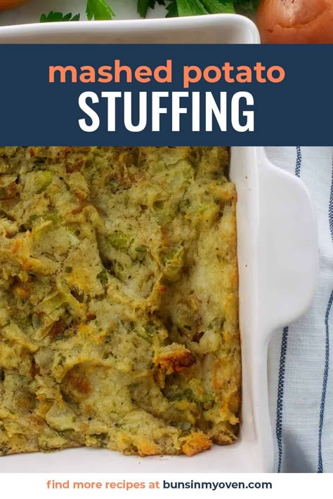 Amish Mashed Potato Stuffing is a mixture of mashed potatoes and stuffing - perfect for a holiday dinner! We came across a version of Pennsylvania Dutch Mashed Potato Stuffing in an old cookbook and gave it a try. We put our own spin on it, adding in extra seasonings and fresh herbs, and here we are with this creamy, dreamy potato stuffing that is a definite must try! Potatoe Stuffing, Mashed Potato Stuffing, Amish Potato Stuffing, Potato Filling Recipe, Stuffed Mashed Potatoes, Potato Stuffing, Dressing Recipes Thanksgiving, Potato Filling, Mashed Potato Casserole