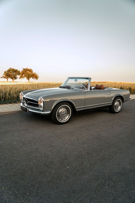 Mercedes-Benz 280 SL Arabian gray / leather cognac in front of a field in the summer Mercedes 280 Sl, Classic Car, Mercedes 280, Classic Car Restoration, Old Vintage Cars, Dream Car Garage, Ford Capri, Vintage Sports Cars, Car Restoration