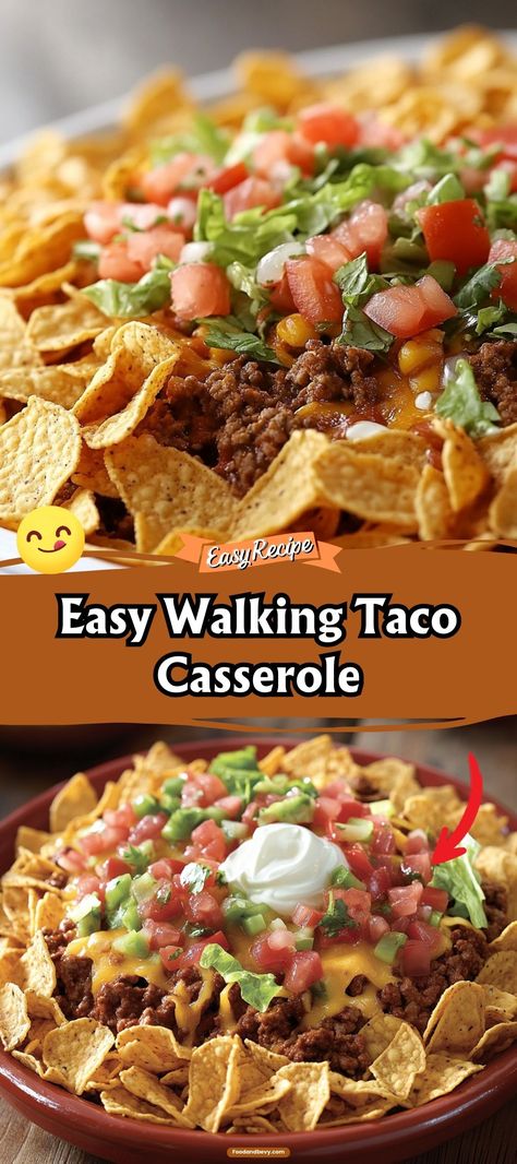 Enjoy all the fun and flavor of a taco in this easy-to-make Walking Taco Casserole. Layered with crunchy tortilla chips, seasoned ground beef, and melty cheese, this dish is topped off with your favorite taco fixings. It’s a casual yet tasty meal that's great for gatherings where guests can serve themselves a scoop of taco-inspired goodness. Taco Bake Casserole With Tortillas, Walking Nachos, Taco Casserole With Fritos, Casserole With Fritos, Dorito Taco Bake, Casserole With Tortillas, Taco Casserole With Tortillas, Taco Chips, Taco Fixings