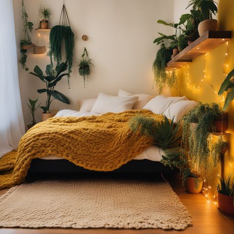 🛏️✨ Snuggle up in a botanical paradise! This serene bedroom oasis features a statement mustard yellow blanket and lush foliage. Fairy lights add a magical touch, gifting a soft glow. Perfect for plant lovers seeking tranquility at home! 🌿🌱💡  #CozyHome #BedroomGoals #PlantDecor #HomeDecor #InteriorDesign #BohoVibes #MustardYellow #StringLights #Botanical #UrbanJungle #RelaxingSpace #HomeInspiration Mustard Yellow And Green Bedroom, Mustard And Green Bedroom, Green And Mustard Bedroom, Mustard Yellow Bedroom Ideas, Mustard Yellow Blanket, Mustard Yellow Bedroom, Plants Everywhere, Mustard Bedroom, Mustard Yellow Bedrooms