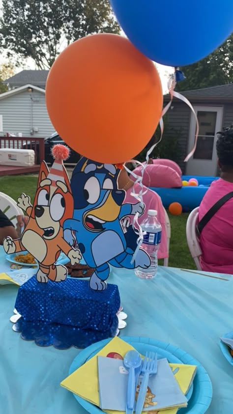 Bluey and bingo centerpiece Bluey Bingo Birthday Party Centerpieces, Bluey Themed Centerpieces, Bluey Birthday Table Centerpieces, Bluey Centerpiece Ideas Diy, Bluey Table Centerpieces, Bluey Table Decorations, Bluey Birthday Party Centerpieces, Bluey Party Centerpieces, Bluey Birthday Centerpieces