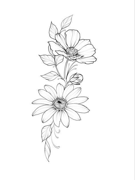 Outline Of Flowers Tattoo, Flowers Outline Tattoo, East Flower Drawing, Flower Tattoos Outline, Outline Art Flower, Outlined Flower Tattoo, Floral Design Outline, Daisy Tattoo Stencil, Outline Flower Design