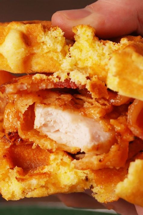 Maple Bourbon Chicken & Waffle Sandwich Krups Vertical Maple Bourbon Chicken, Waffle Sandwich Recipe, Chicken N Waffles, Waffle Ingredients, Ideas For Breakfast, Maple Bourbon, Bourbon Chicken, Waffle Sandwich, Breakfast Waffles