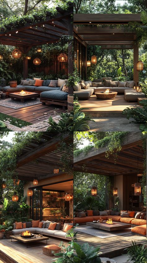 Transform your outdoor area into a stylish retreat with a cozy lounge and rustic vibes! This design features modular seating, a wooden coffee table, and soft lighting to create a warm atmosphere for gatherings. 🌿✨ #OutdoorLiving #CozySpaces #HomeDesign #RusticChic   👉 Click the link to hire a designer today! Garden Seating Ideas, Relaxing Garden, Patio Ideas Backyard, Garden Seating Area, Modern Outdoor Spaces, Outdoor Lounge Area, Modular Seating, Seating Ideas, Backyard Designs