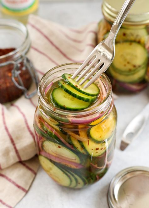 Quick Pickled Cucumbers and Onions Pickled Red Onions And Cucumbers, How To Make Cucumber Pickles, Pickled Green Onions, Quickles Recipe, Cucumber Refrigerator Pickles, Pickled Cucumber Slices, Pickled Onions And Cucumbers, Quick Cucumber Pickles, Pickled Onion And Cucumber