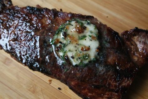 Wagyu Recipes, Strip Steak Recipes, Wagyu Beef Recipe, Jess Pryles, Compound Butter Recipes, Thyme Butter, Ny Steak, Smoked Garlic, Strip Steaks