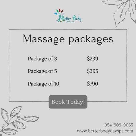 Packages we offer for massage! If you're interested in buying one of our packages give us a call at 954-909-9065! Massage Price List Ideas, Massage Package Ideas, Massage Ads, How To Build A Massage Business, Massage Therapy Price List, Massage Therapy Brochures, Massage Therapy Flyers, Massage Packages, Massage Marketing