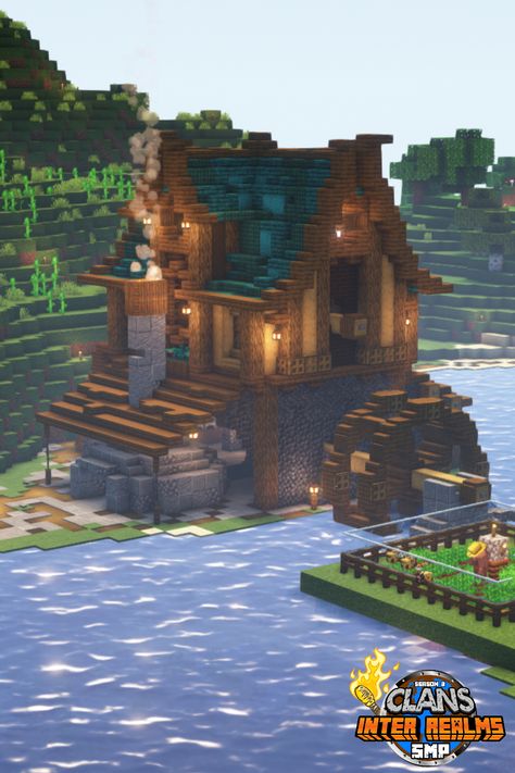 Above Water Houses Minecraft, Minecraft Super Smelter House, Minecraft Water Mill Build, Houses On Water Minecraft, Minecraft Wheel House, Furnace Building Minecraft, Minecraft House With Water Wheel, Water Wheel House Minecraft, Minecraft House Near Water