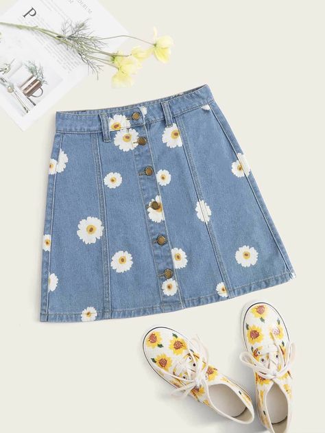 Floral Button Up Topstitching Denim Skirt | SHEIN USA Jean Skirt Outfit Ideas, Jean Skirt Outfit, Cute Jean Skirt, Shein Skirts, White Casual Sneakers, Skirt Outfit Ideas, Mini Jean Skirt, Jean Skirt Outfits, Mini Skirt Style