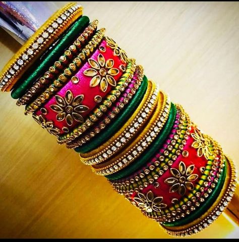 Karnataka Photography, Engagement Bangles, Colourful Bangles, Diy Bangles, Silk Thread Bangles Design, Thali Decoration Ideas, Silk Bangles, Thali Decoration, Thread Bangles Design