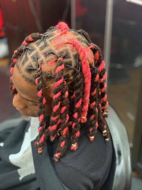 Dreadlock Styles For Birthday, Dread Hair Dye Ideas, 2 Color Dreads, Pink And Black Dreads Men, Loc Colors Ideas, Men Loc Color Ideas, Dye Locs Men, Dreadlock Color Ideas Men, Dyed Locs Men Dreadlocks