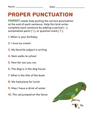 Proper Punctuation | Worksheet | Education.com Proper Punctuation, Science Plants, Poetry Middle School, Poetry Worksheets, Punctuation Worksheets, Pre Primer Sight Words, Nouns And Pronouns, Prepositional Phrases, First Grade Worksheets