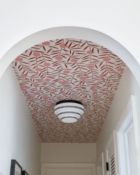 Patterned Hallway Wallpaper, Wallpaper In Ceiling Interior Design, Unique Hallway Paint Ideas, Wallpaper Ceiling Toilet, Mural Inside House, Hallway Wallpaper Ceiling, Ceiling Wallpaper Hallway, Painted Ceiling Pattern, Painted Hall Ceiling