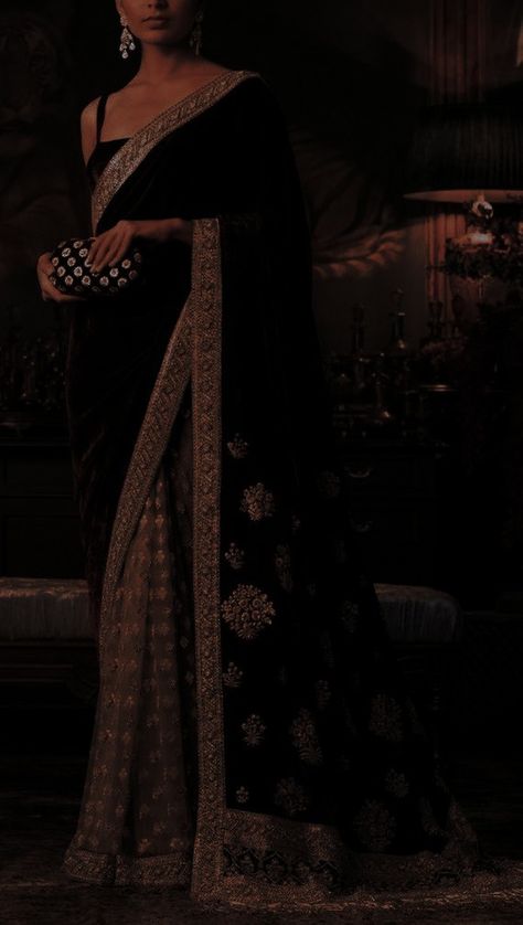 Dark Saree Aesthetic, Desi Dark Academia Outfits, Black Desi Clothes, Black Indian Aesthetic, Dark Lehenga, Dark Indian Aesthetic, Dark Saree, Indian Saree Aesthetic, Aesthetic Indian Outfit