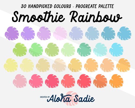 Smoothie Rainbow Procreate Colour Palette Your palette will include 30 handpicked colour swatches. Use for digital drawings and paintings, illustrations, personalized gifts, invitations, Instagram images, SVGs, stickers, or any creative project! Your download will be available after purchase through the main Etsy site, not the Etsy app. Once file is downloaded, open it on your iPad and it will be imported into Procreate palettes. Colours are more vibrant than as they appear with watermark.  INCL Rebranding Ideas, Procreate Colour Palette, Procreate Palettes, Color Palets, Svg Stickers, Calligraphy Illustration, Procreate Tips, Colour Swatches, Oc Drawing