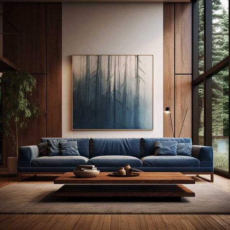 Modern Blue Sofa Living Room Aesthetics to Inspire Your Next Redesign • 333+ Inspiring Lifestyle Ideas Blue Masculine Aesthetic, Blue Wood Living Room, Living Room Inspiration Blue Couch, Modern Cabin Interior Living Room, Blue Sofa Interior Design, Modern Living Room Blue Couch, Blue Sofa Interior, Cabin Interiors Living Room, Living Room Blue Sofa