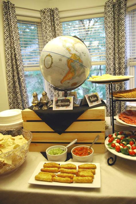 Welcome to the World- Baby Shower | CatchMyParty.com Office Baby Showers, Travel Theme Bridal Shower, Baby Shower Party Planning, Decoration Buffet, Travel Baby Shower Theme, Travel Baby Showers, Country Baby Shower, World Countries, Around The World Food