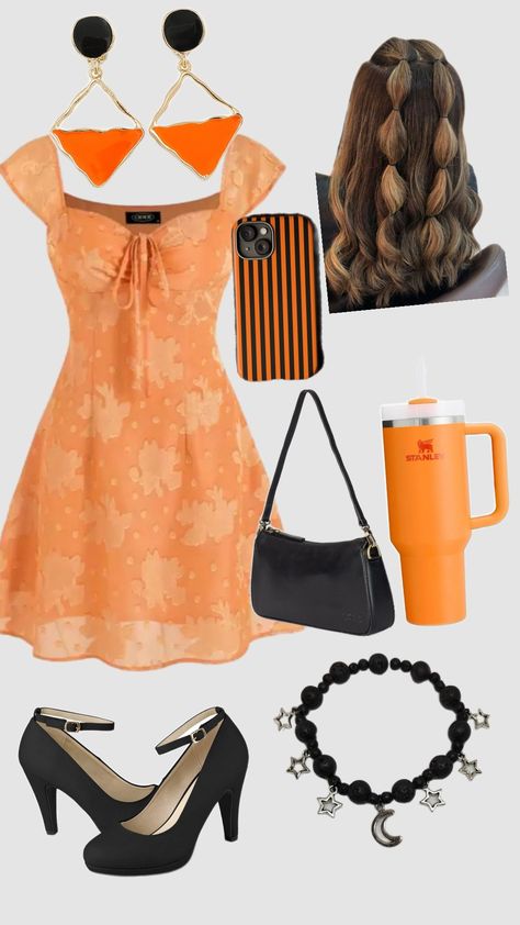 Black n orange Outfit Inspo #Cute #fitinspo Orange Dress Outfit, Orange Dress Outfits, Outfit Inspo Cute, Orange Outfits, Orange Outfit, Dress Outfit, Orange Dress, Fitness Inspo, Dress Outfits