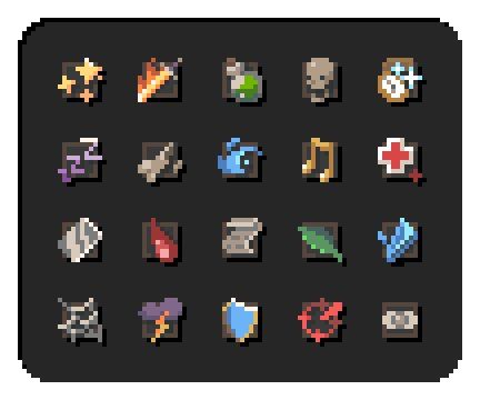 Pixel art, status effect icons form an RPG. Grid layout. From left to right: Sparlkles, Flaming Sword, Poison, Skull, Stopwatch, Sleep, Broken Bone, Water, Music, First Aid, Mirror, Blood, Scroll, Leaf, Icicle, Cobwebs, Thunderstorm, Shield, Target, Eyeball. Bookmarks Corner, Status Effect, Pixel Circle, Cat Minecraft, Zestaw Ikon, Pixel Characters, Pixel Art Tutorial, 8bit Art, Cool Pixel Art